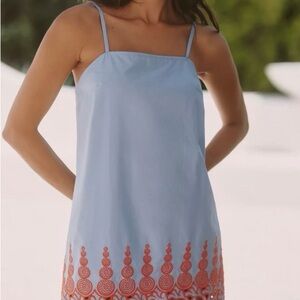 Celandine for Anthropologie Light Blue Mini Dress with Coral Embroidery.